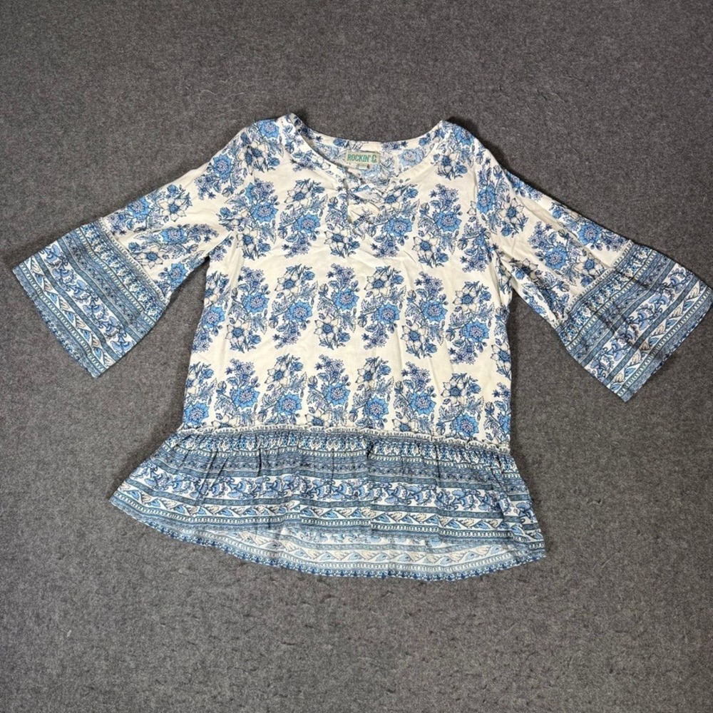 Rockin C Blue White Floral Rayon Peplum Blouse Lace Up Bell Sleeve Top Medium